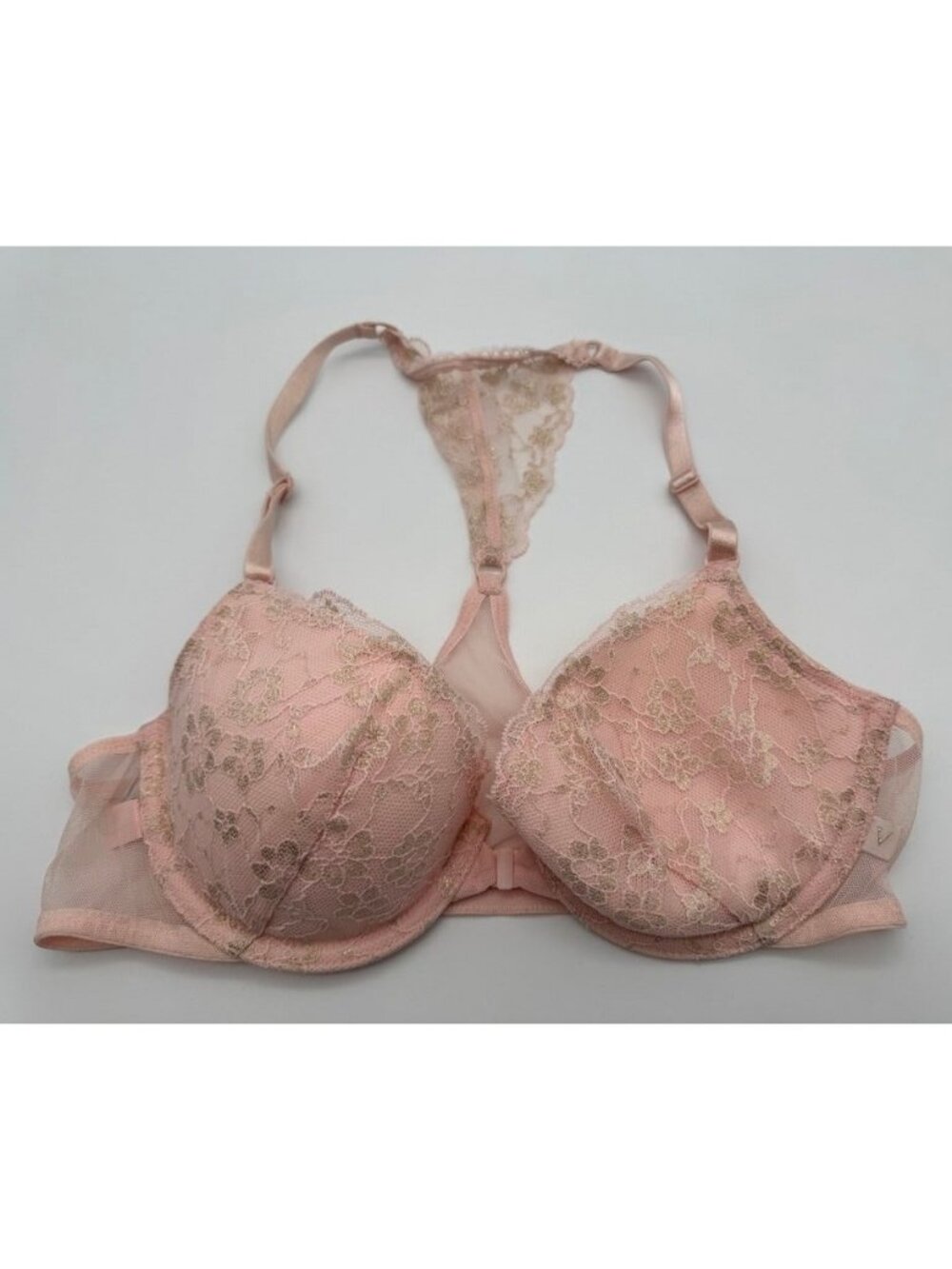 Victoria's Secret Demi Bra Pink T-Back Underwire Front Close Floral Lace 34B